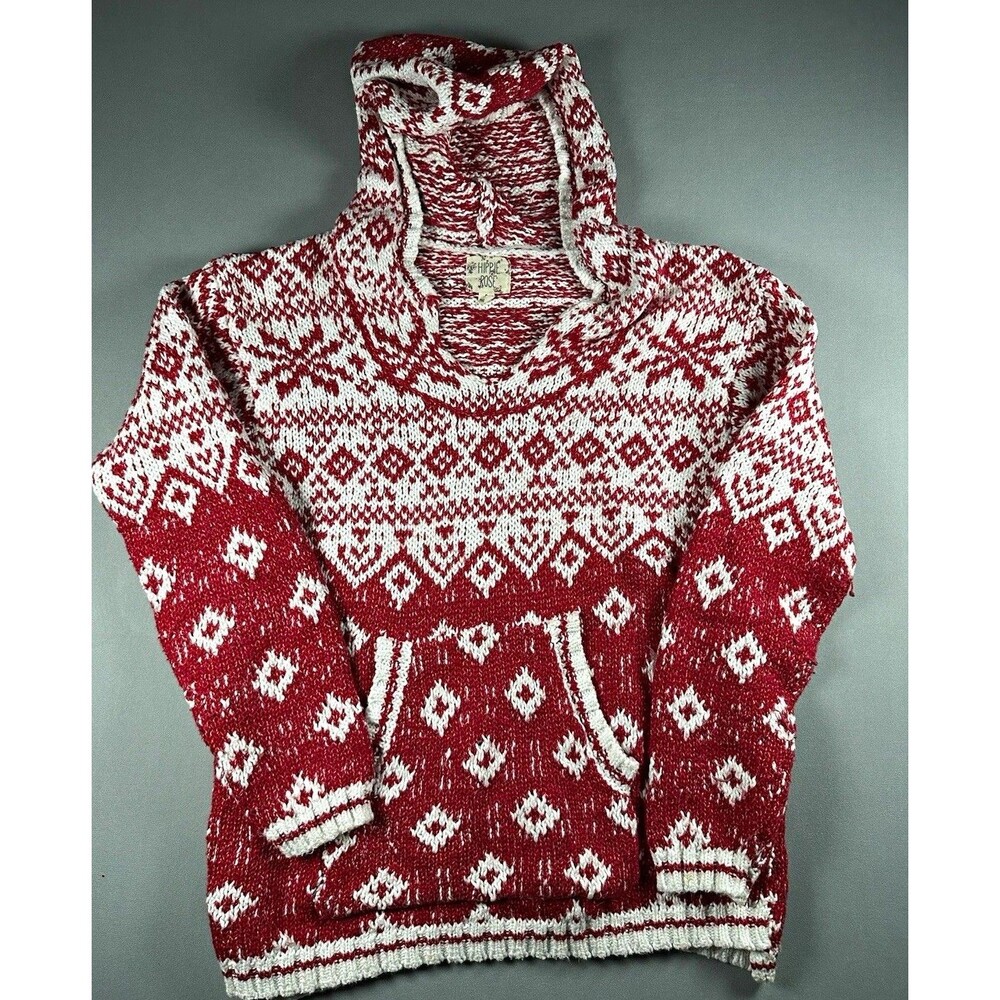 Hippie Rose Hoodie Womens S Red White Fair Isle Knit Kangaroo Pocket